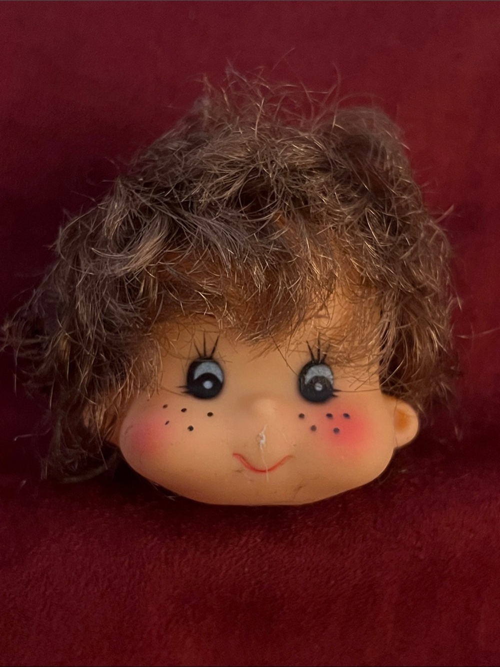 Vintage Doll Head with Brown Hair and Rosy Cheeks